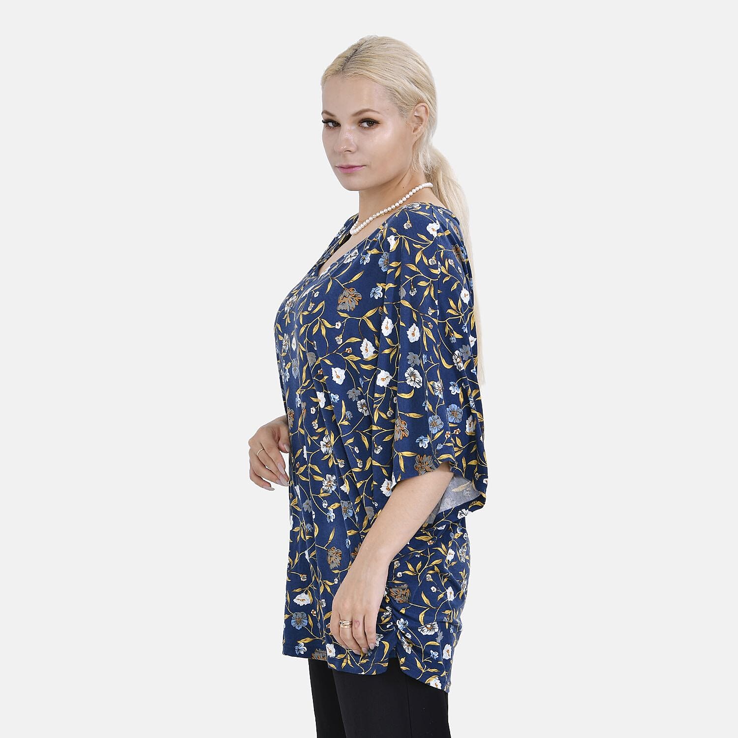 TAMSY Black Boat Neck Floral Printed Knit Drape Top (One Size,8-22) - Navy Blue & White