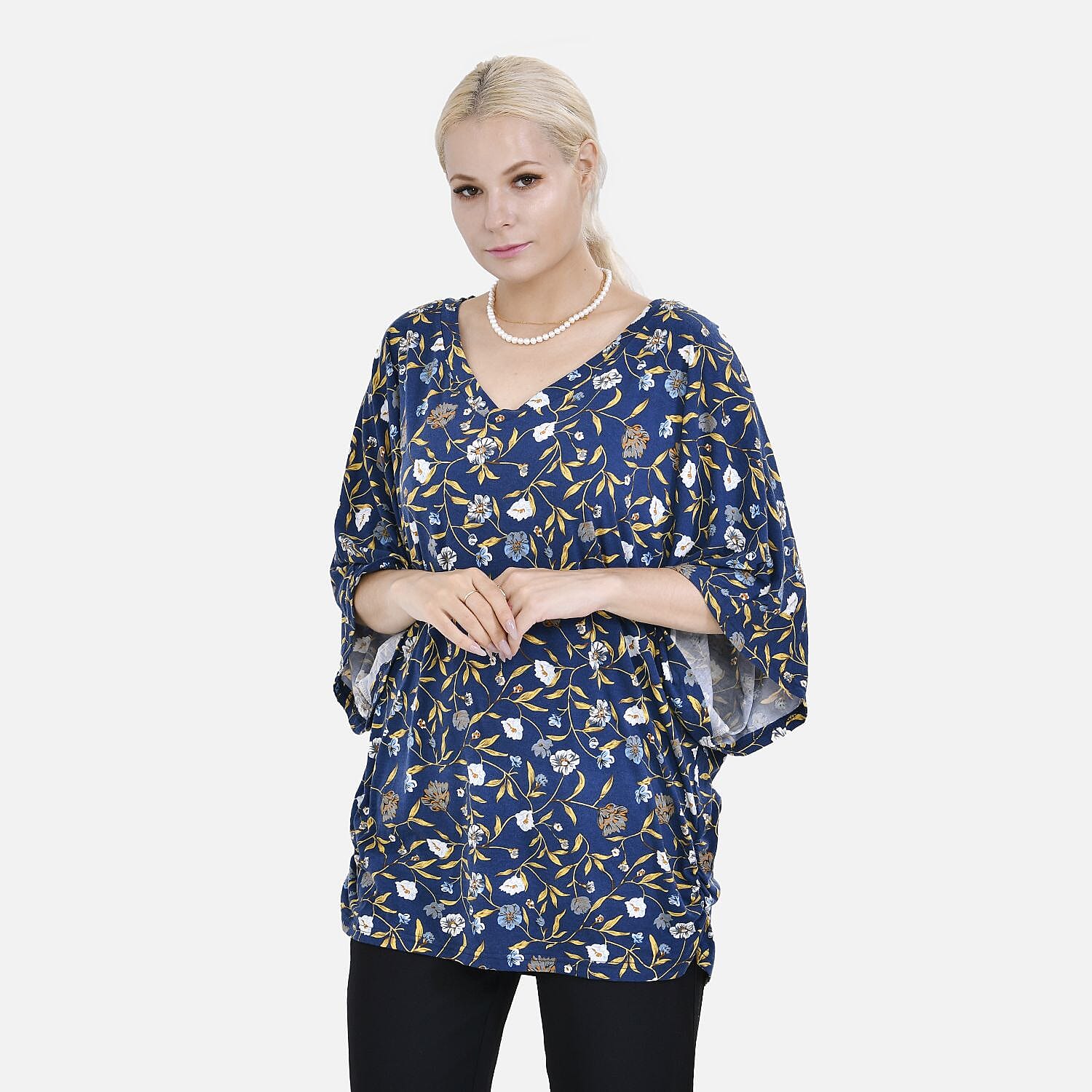 TAMSY Black Boat Neck Floral Printed Knit Drape Top (One Size,8-22) - Navy Blue & White