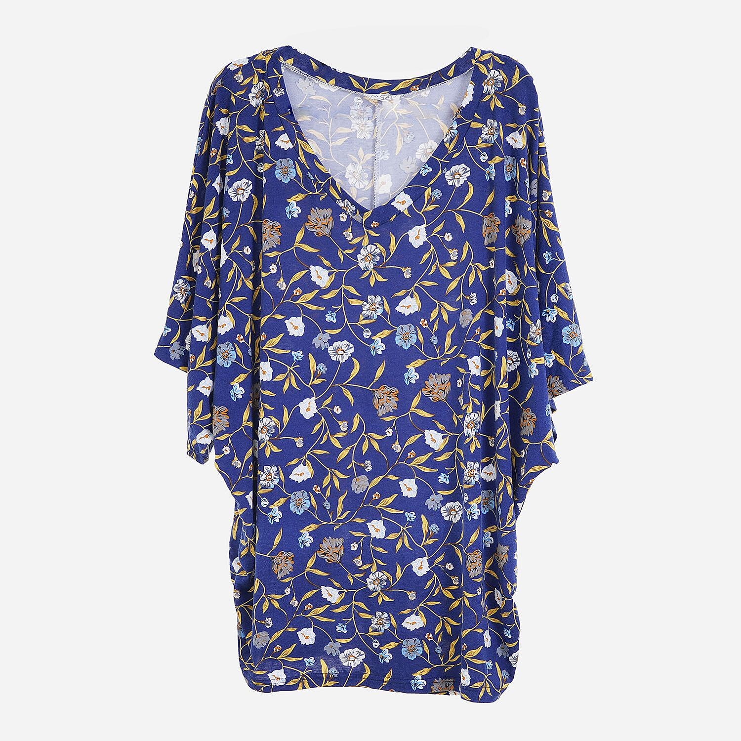 TAMSY Black Boat Neck Floral Printed Knit Drape Top (One Size uptop XL) - Navy Blue - White