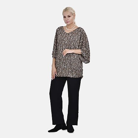 TAMSY Black Boat Neck Leopard Printed Knit Drape Top (One Size uptop XL) - Brown