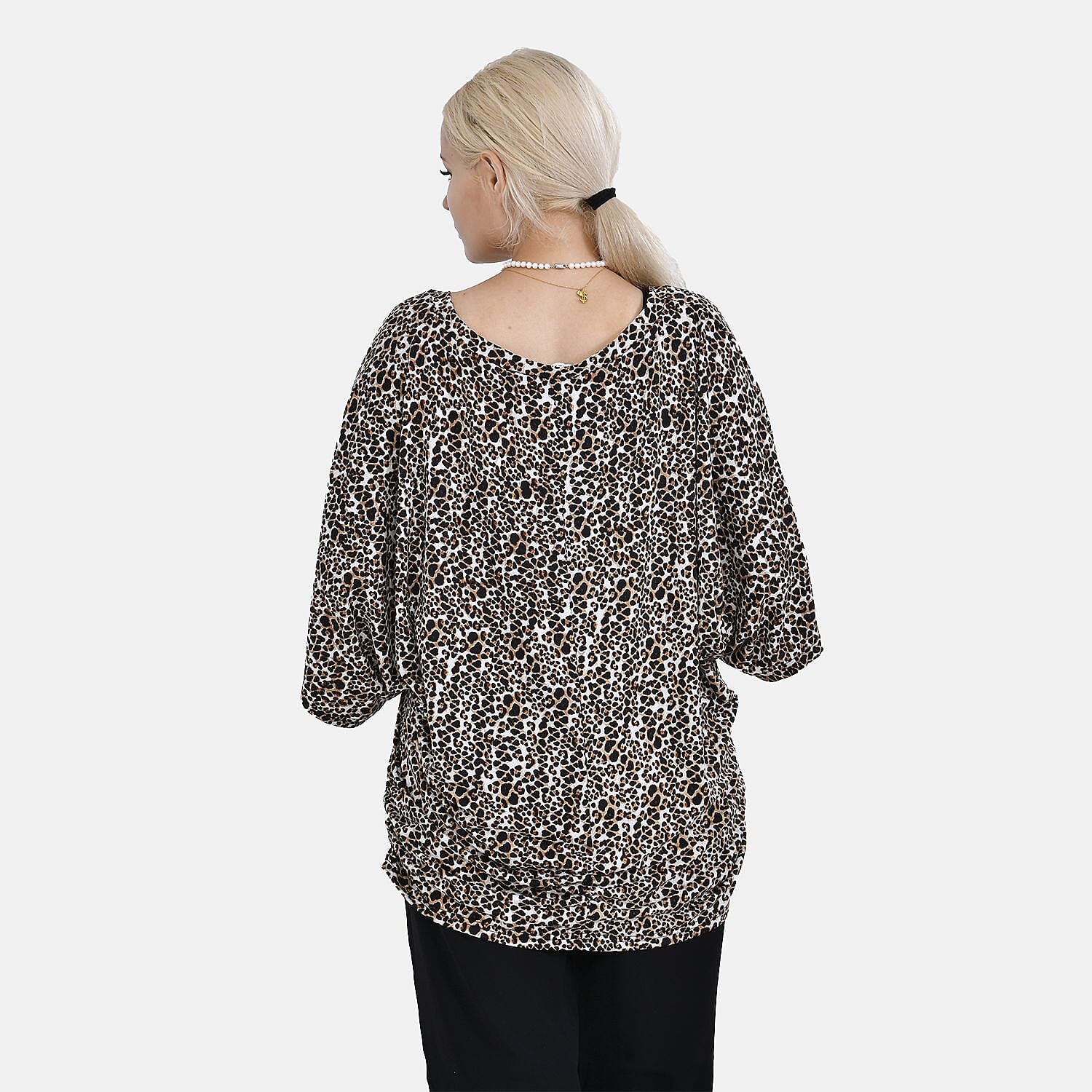 TAMSY Black Boat Neck Leopard Printed Knit Drape Top (One Size uptop XL) - Brown