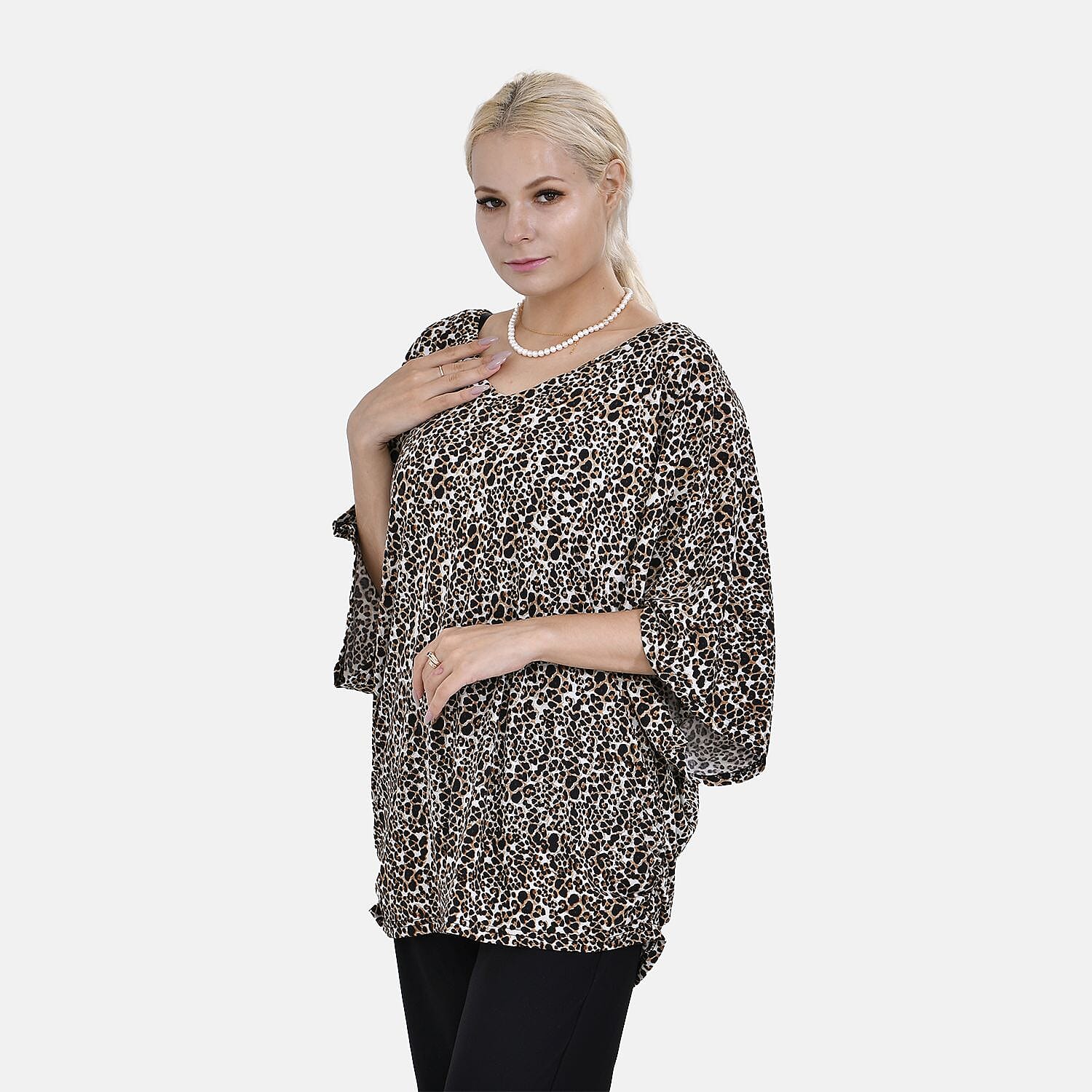 TAMSY Black Boat Neck Leopard Printed Knit Drape Top (One Size uptop XL) - Brown
