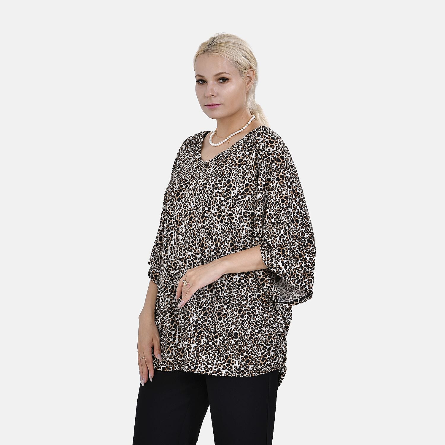 TAMSY Black Boat Neck Leopard Printed Knit Drape Top (One Size uptop XL) - Brown