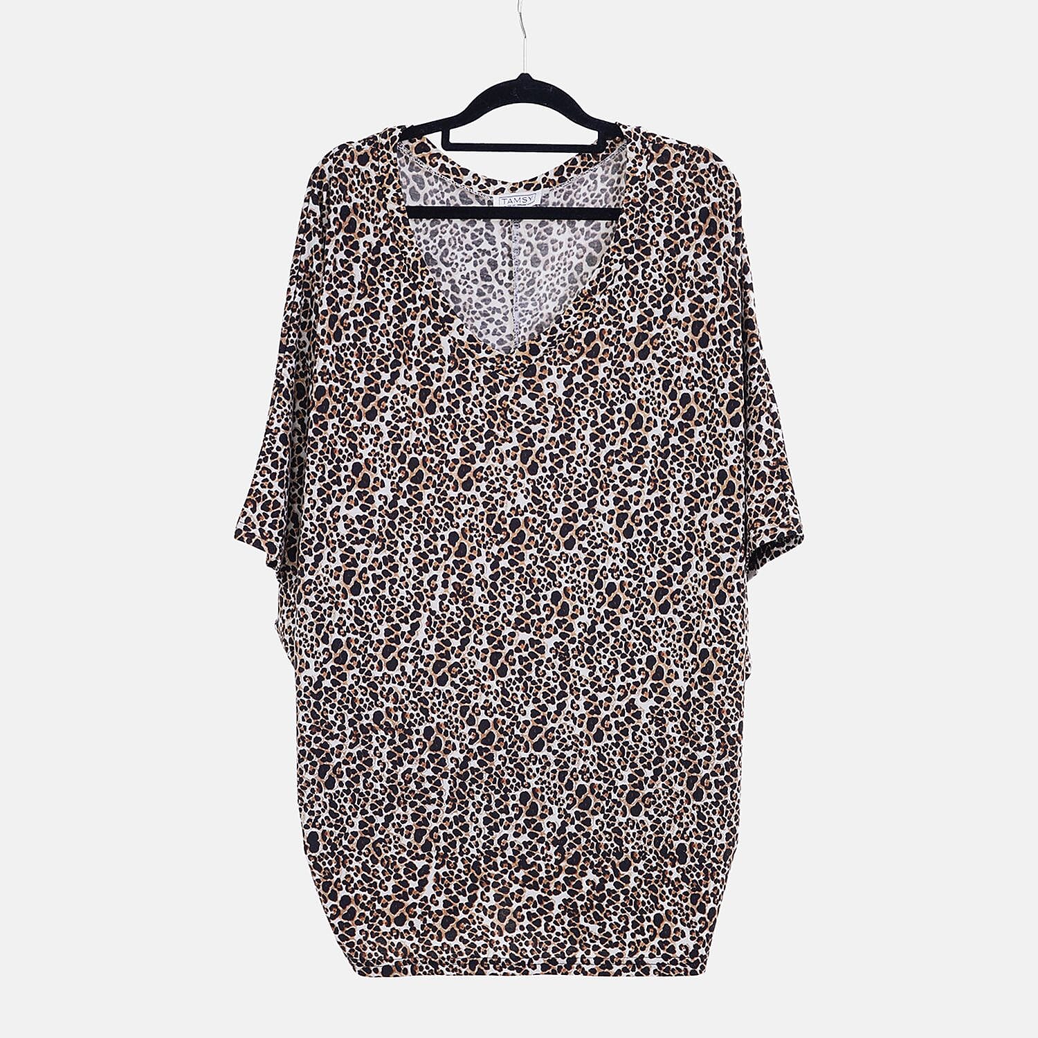 TAMSY Black Boat Neck Leopard Printed Knit Drape Top (One Size uptop XL) - Brown