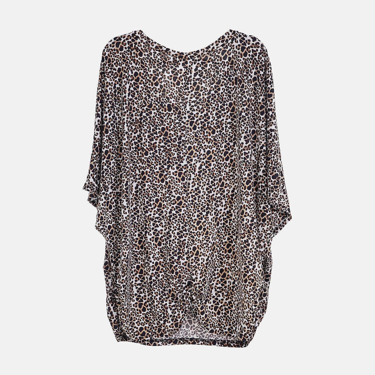 TAMSY Black Boat Neck Leopard Printed Knit Drape Top (One Size uptop XL) - Brown