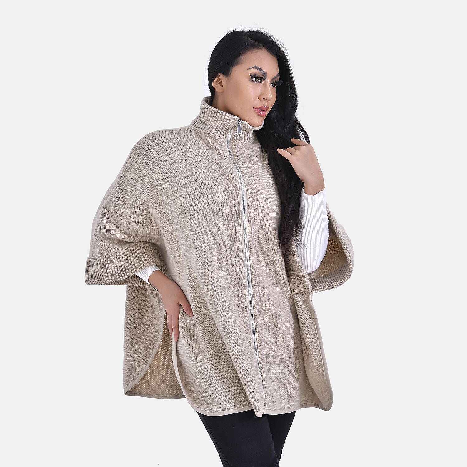 Stand Collar Zipper Closure Winter Poncho (One Size) - Oatmeal