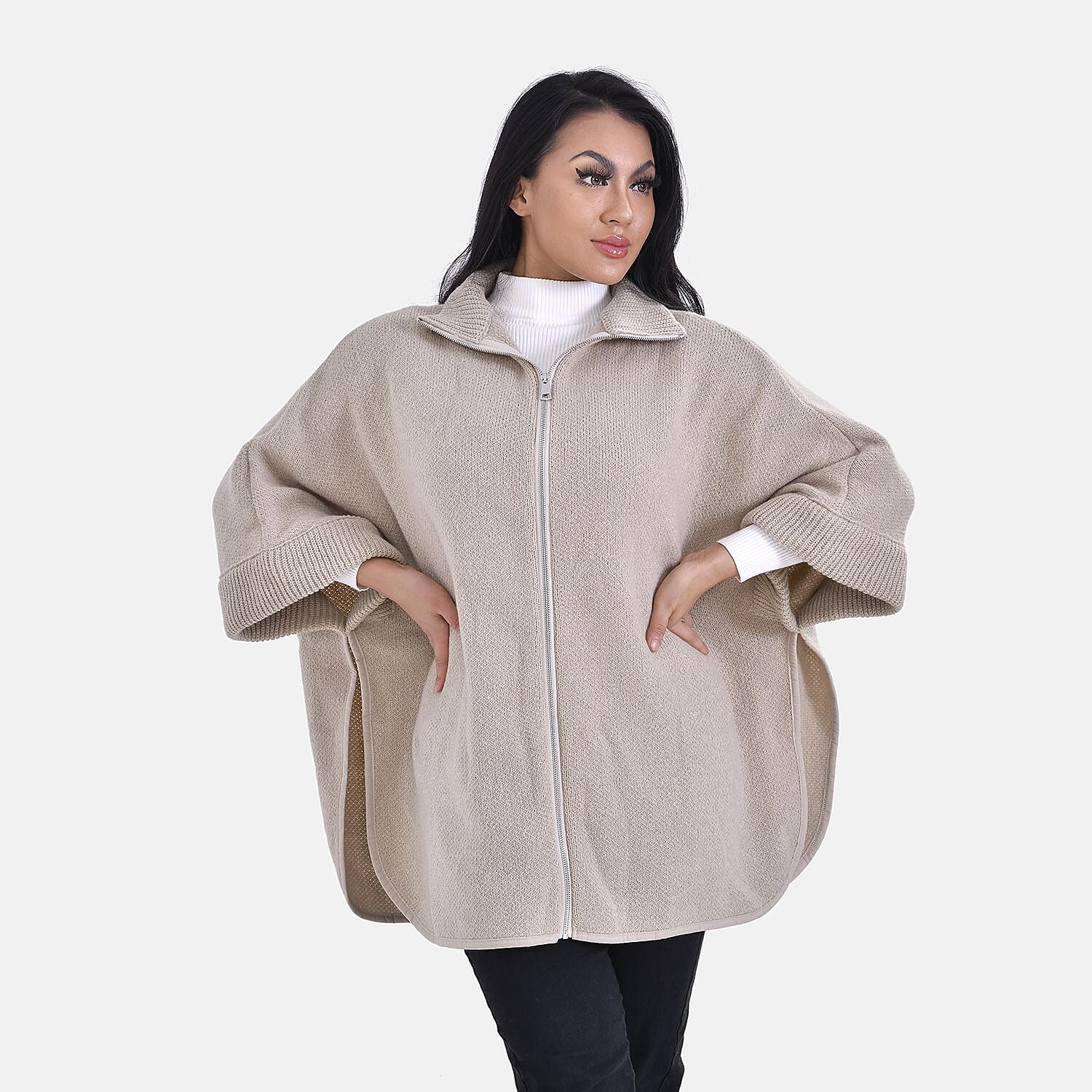 Stand Collar Zipper Closure Winter Poncho (One Size) - Oatmeal