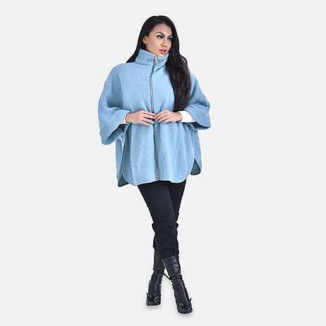 Stand Collar Zipper Closure Winter Poncho (One Size) - Aqua Blue