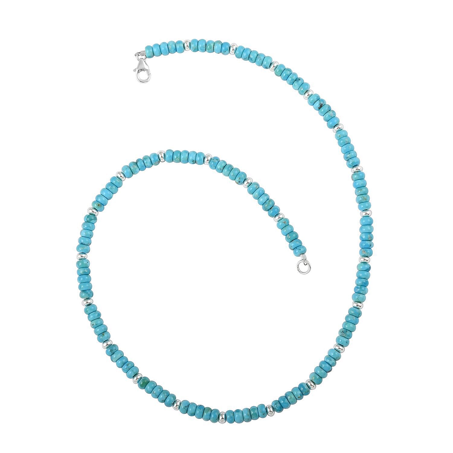 Royal Bali Collection - 100% Natural Blue Turquoise Beads Necklace (Size - 18) in Sterling Silver 90.00 Ct.