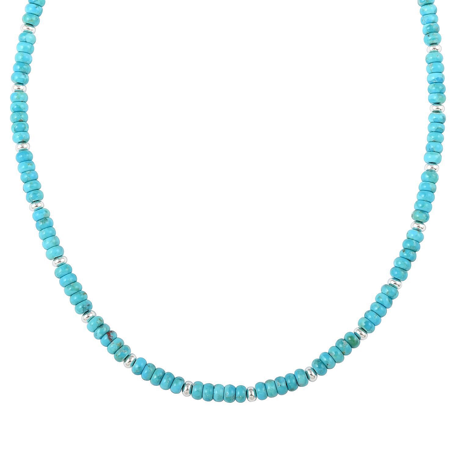 Royal Bali Collection - 100% Natural Blue Turquoise Beads Necklace (Size - 18) in Sterling Silver 90.00 Ct.