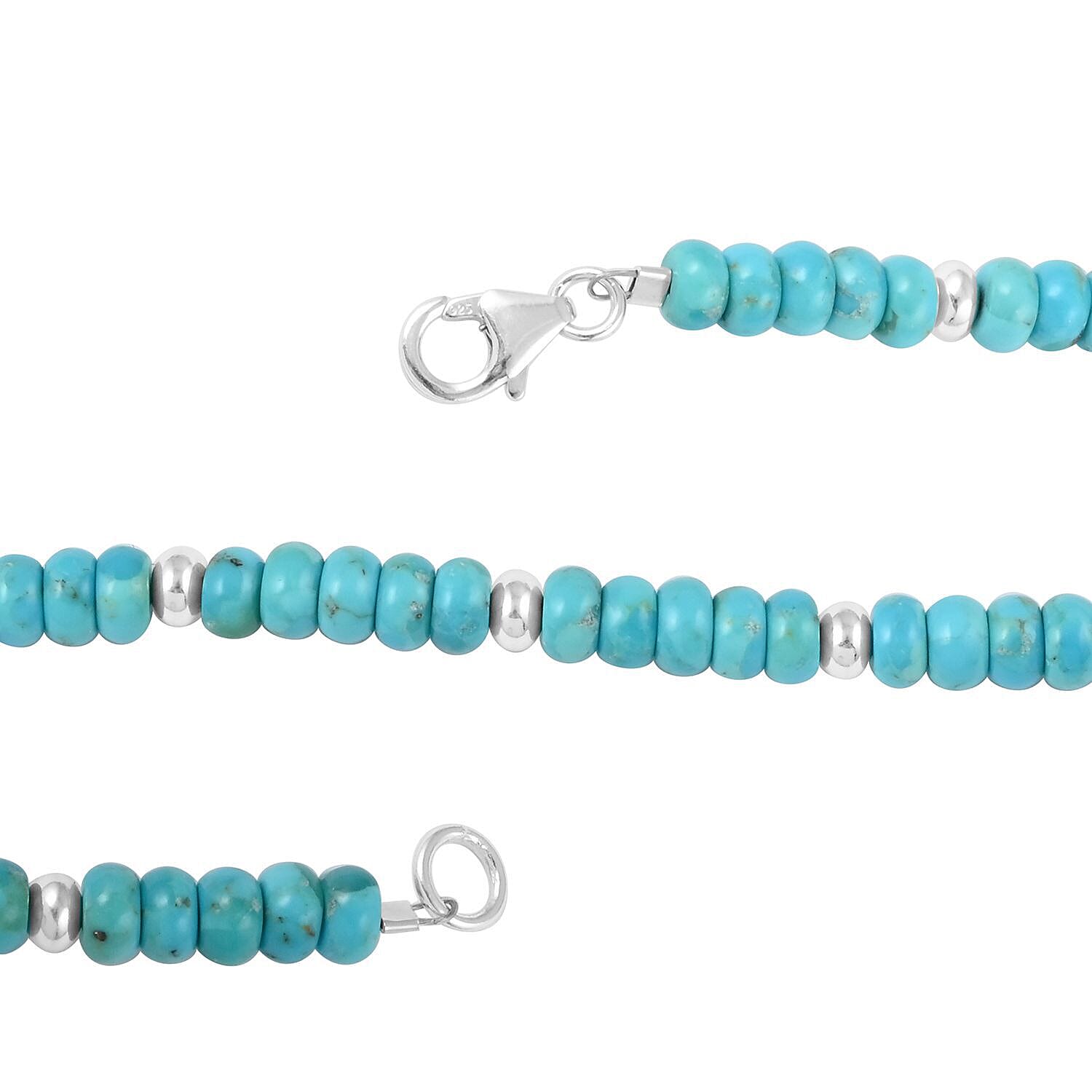 Royal Bali Collection - 100% Natural Blue Turquoise Beads Necklace (Size - 18) in Sterling Silver 90.00 Ct.