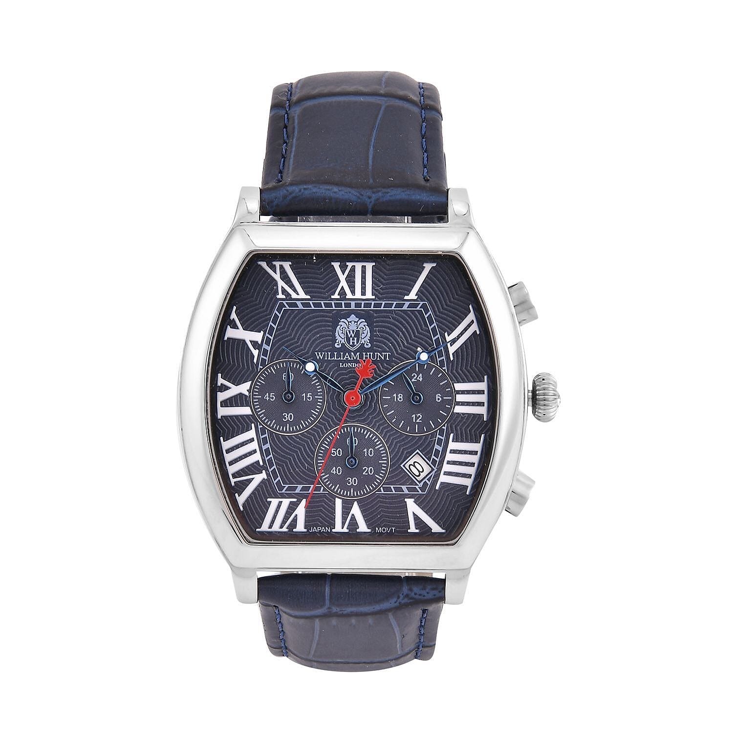 William Hunt Japanese Movement Silver Dial 5 ATM Water Resistant White Crystal Studded Watch with Multifunctional keys in Blue Genuine Leather Strap