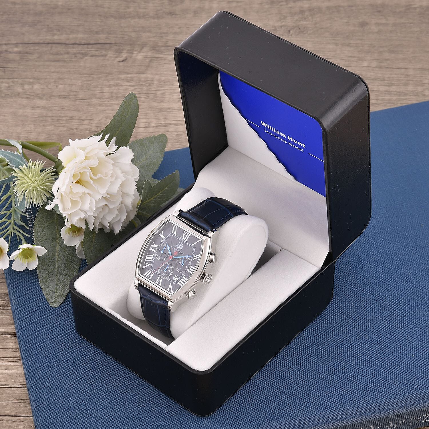 William Hunt Japanese Movement Silver Dial 5 ATM Water Resistant White Crystal Studded Watch with Multifunctional keys in Blue Genuine Leather Strap