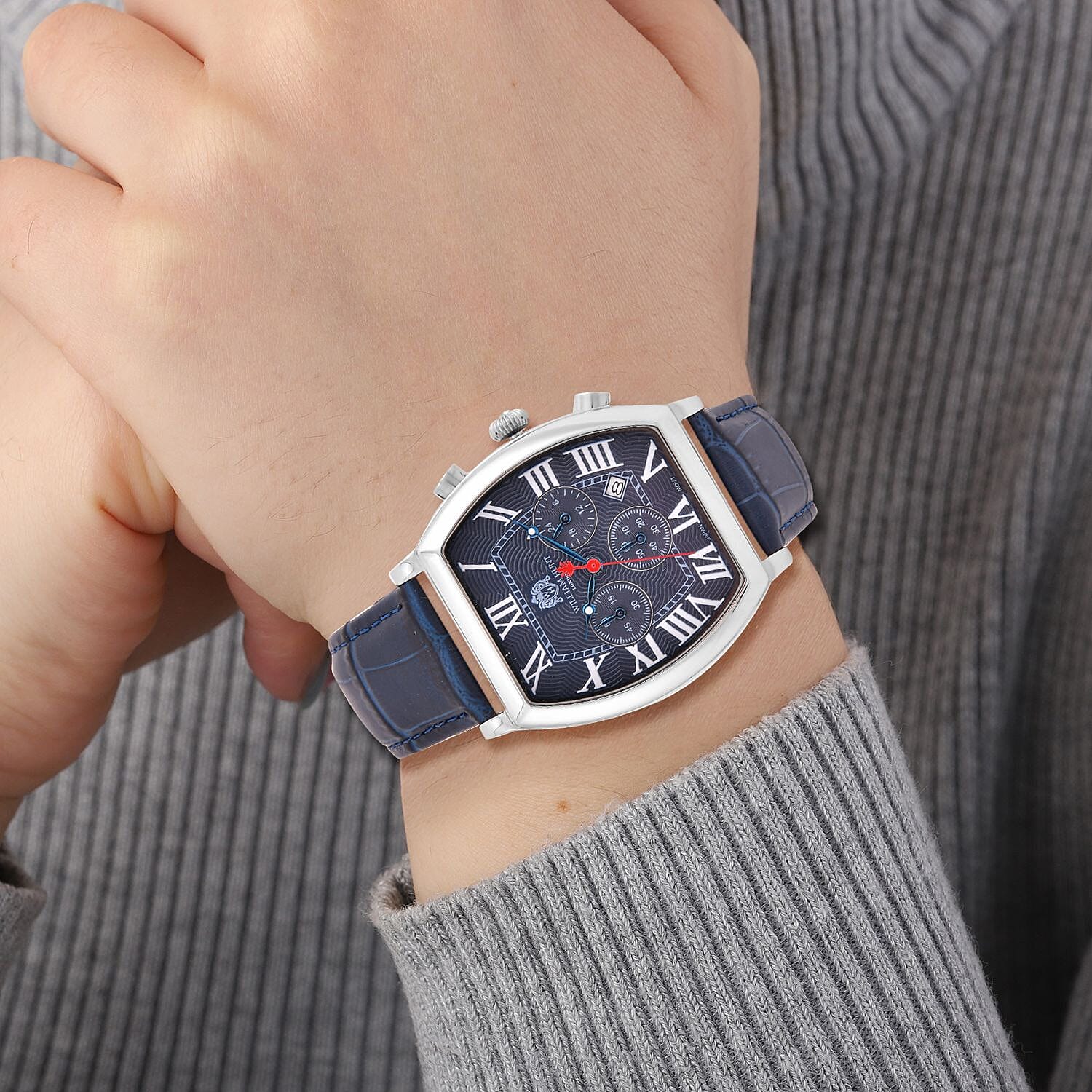 William Hunt Japanese Movement Silver Dial 5 ATM Water Resistant White Crystal Studded Watch with Multifunctional keys in Blue Genuine Leather Strap