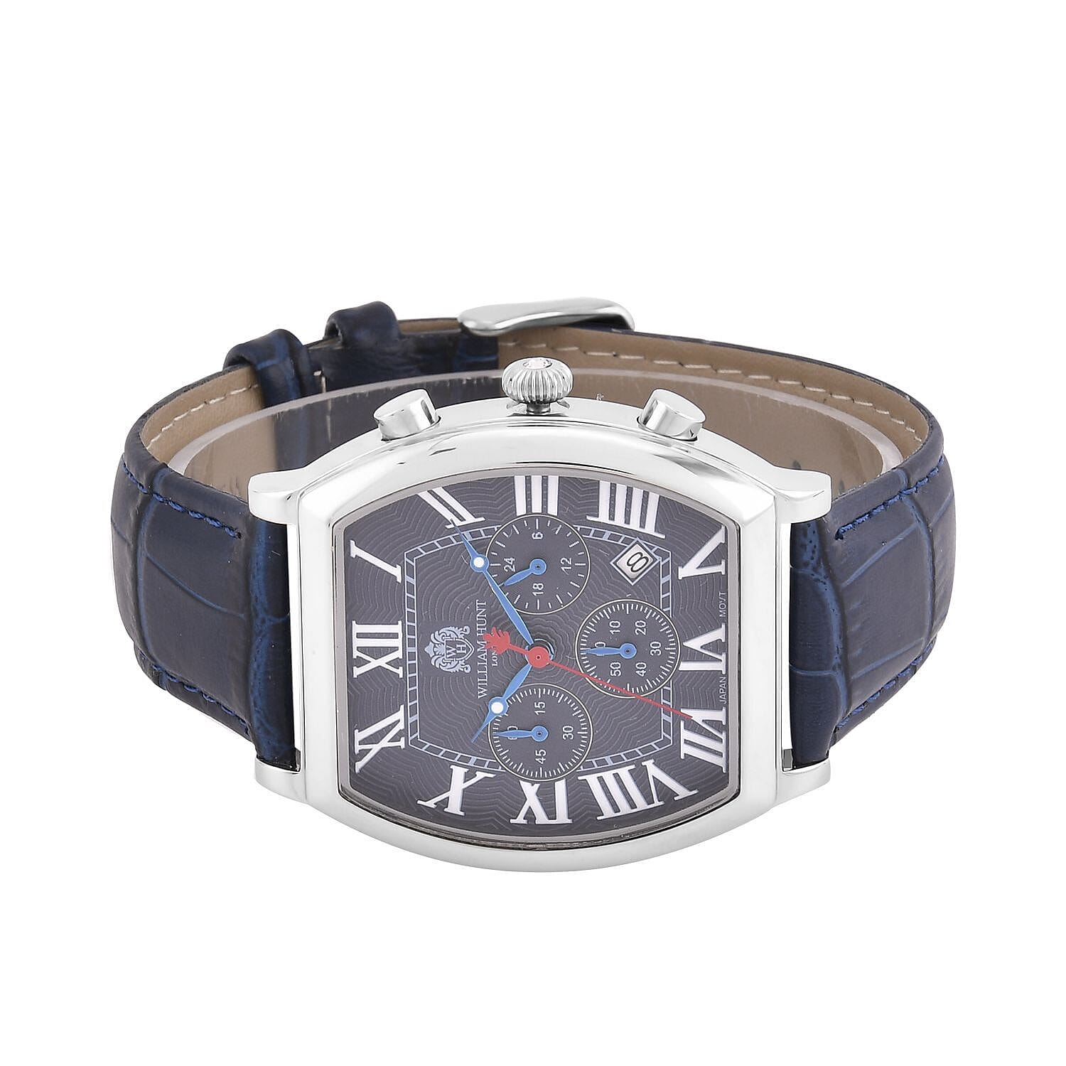 William Hunt Japanese Movement Silver Dial 5 ATM Water Resistant White Crystal Studded Watch with Multifunctional keys in Blue Genuine Leather Strap