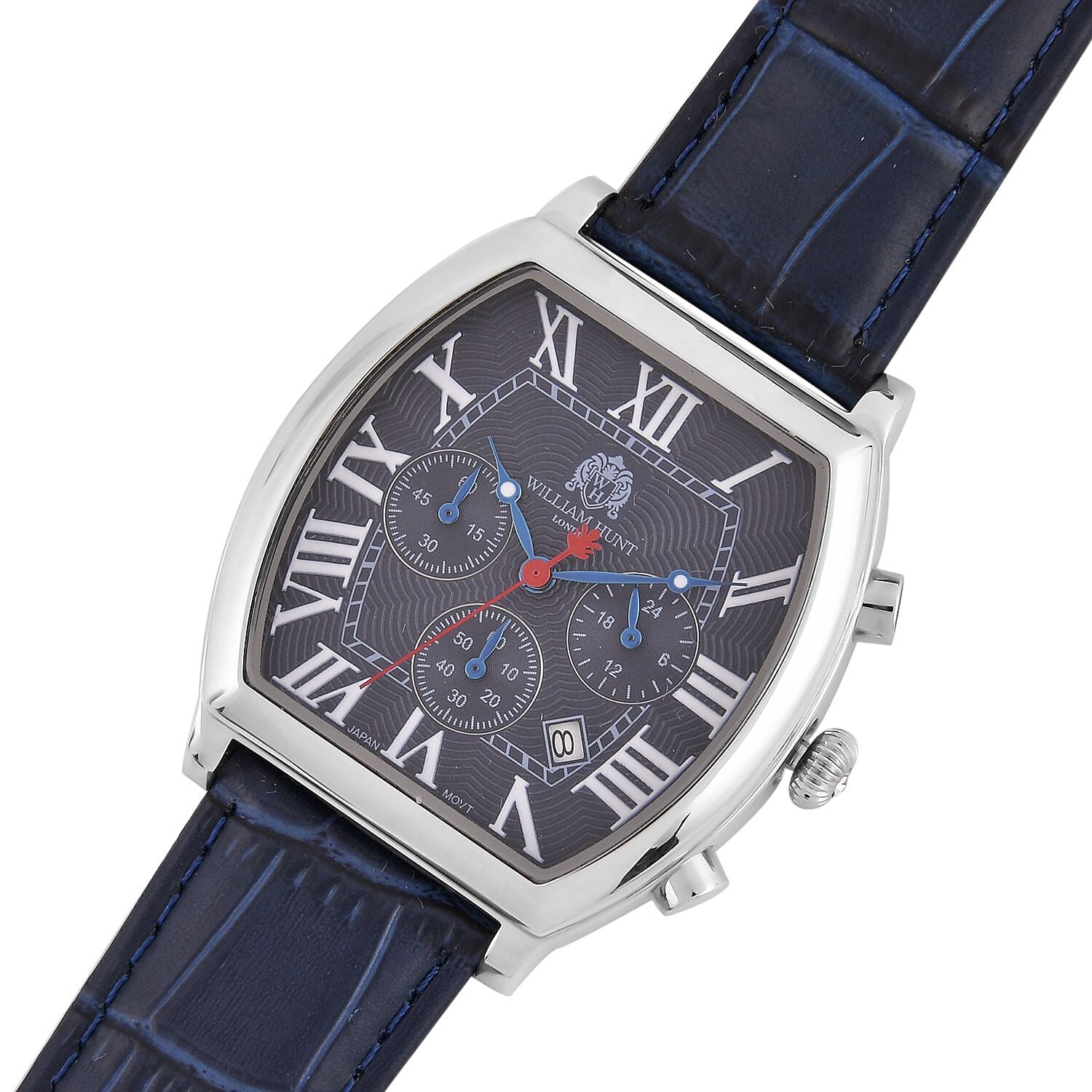 William Hunt Japanese Movement Silver Dial 5 ATM Water Resistant White Crystal Studded Watch with Multifunctional keys in Blue Genuine Leather Strap