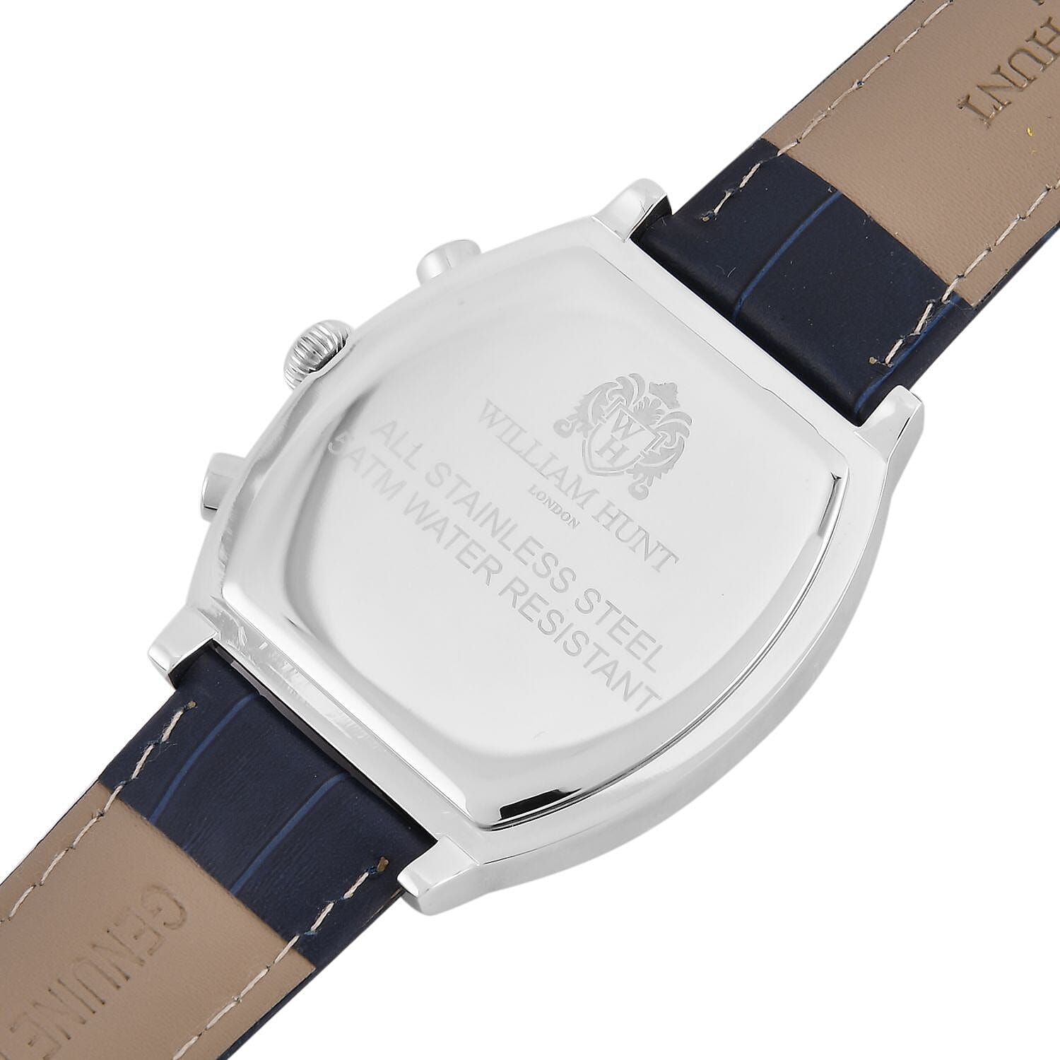 William Hunt Japanese Movement Silver Dial 5 ATM Water Resistant White Crystal Studded Watch with Multifunctional keys in Blue Genuine Leather Strap