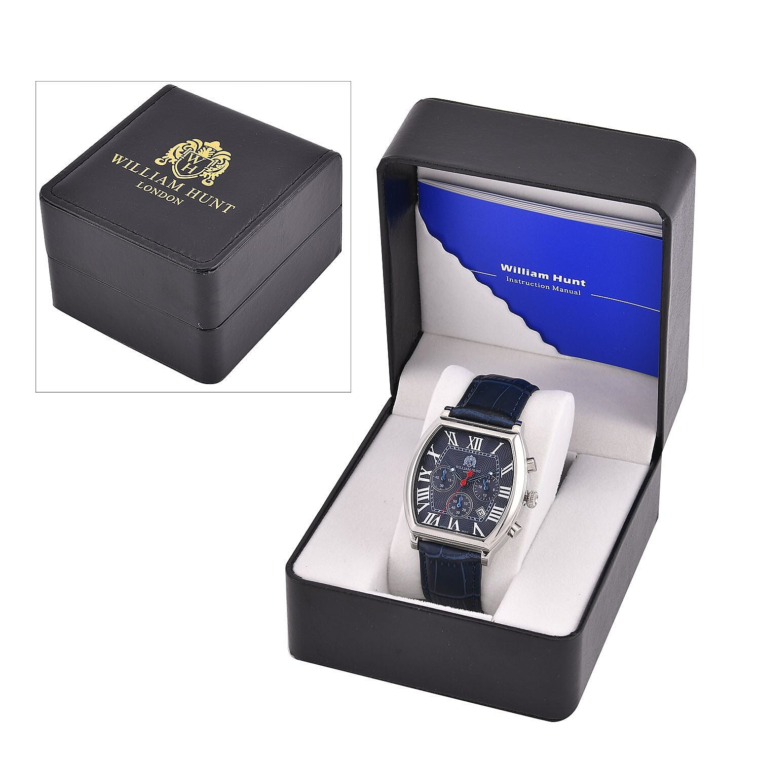 William Hunt Japanese Movement Silver Dial 5 ATM Water Resistant White Crystal Studded Watch with Multifunctional keys in Blue Genuine Leather Strap