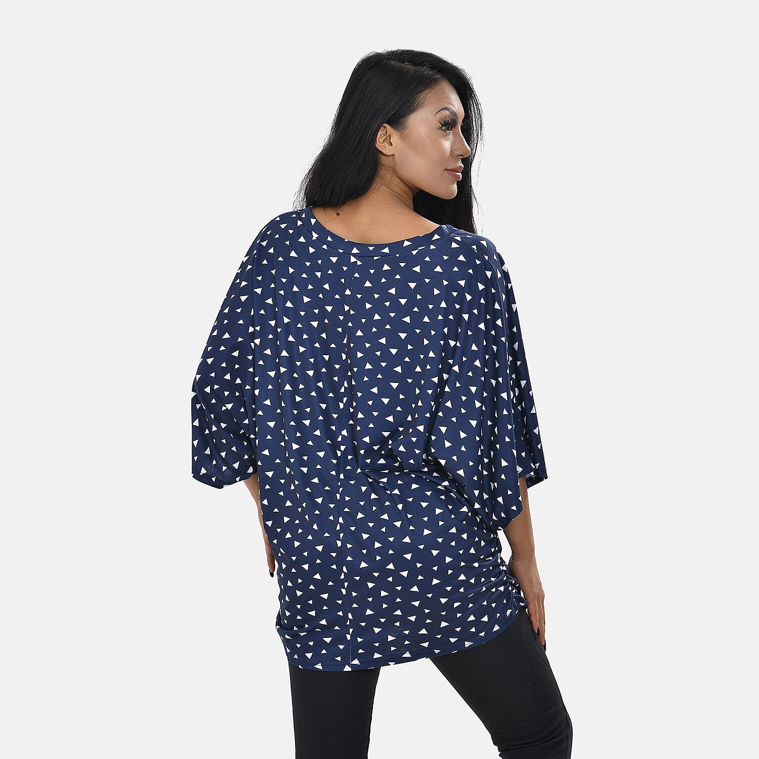 Tamsy Triangle Pattern Stretchable Jersey Drape Top (One Size, 8-18) - Navy Blue & White