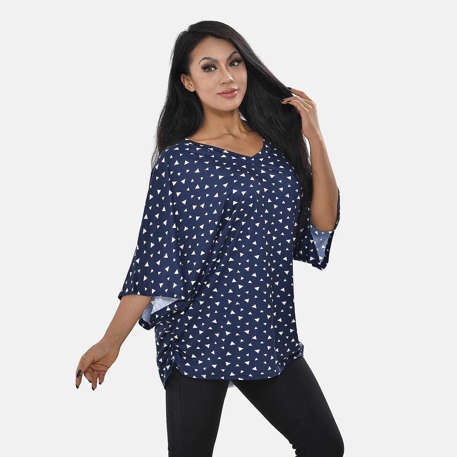 Tamsy Triangle Pattern Stretchable Jersey Drape Top (One Size, 8-18) - Navy Blue & White