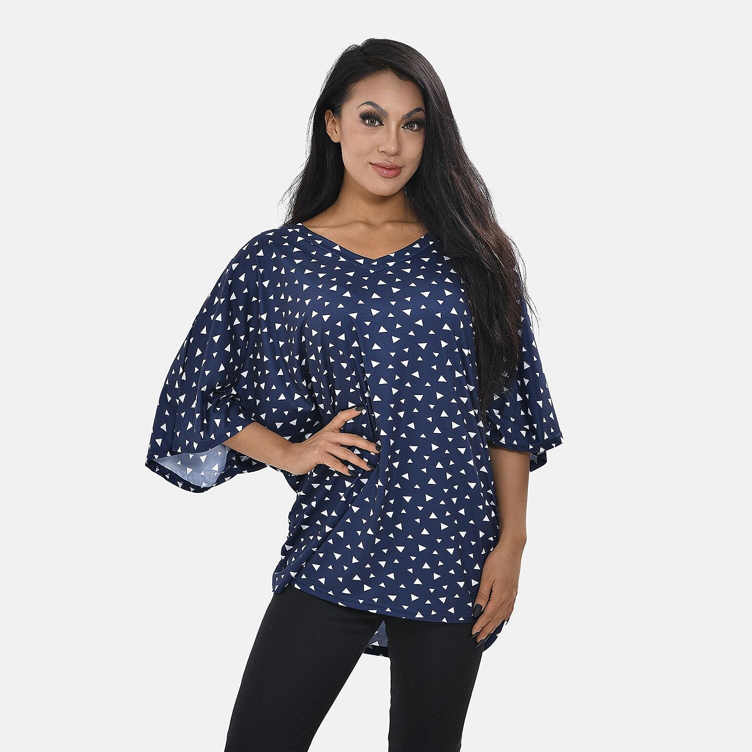 Tamsy Triangle Pattern Stretchable Jersey Drape Top (One Size, 8-18) - Navy Blue & White