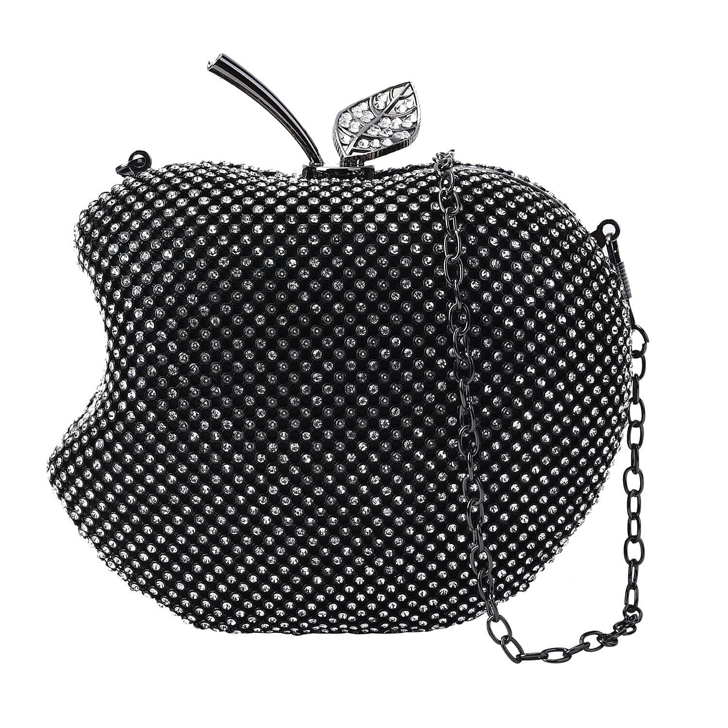Back By Popular Demand - Apple Shape Crystal Clutch Bag with Long Chain Strap & Toggle Clip - Gun
