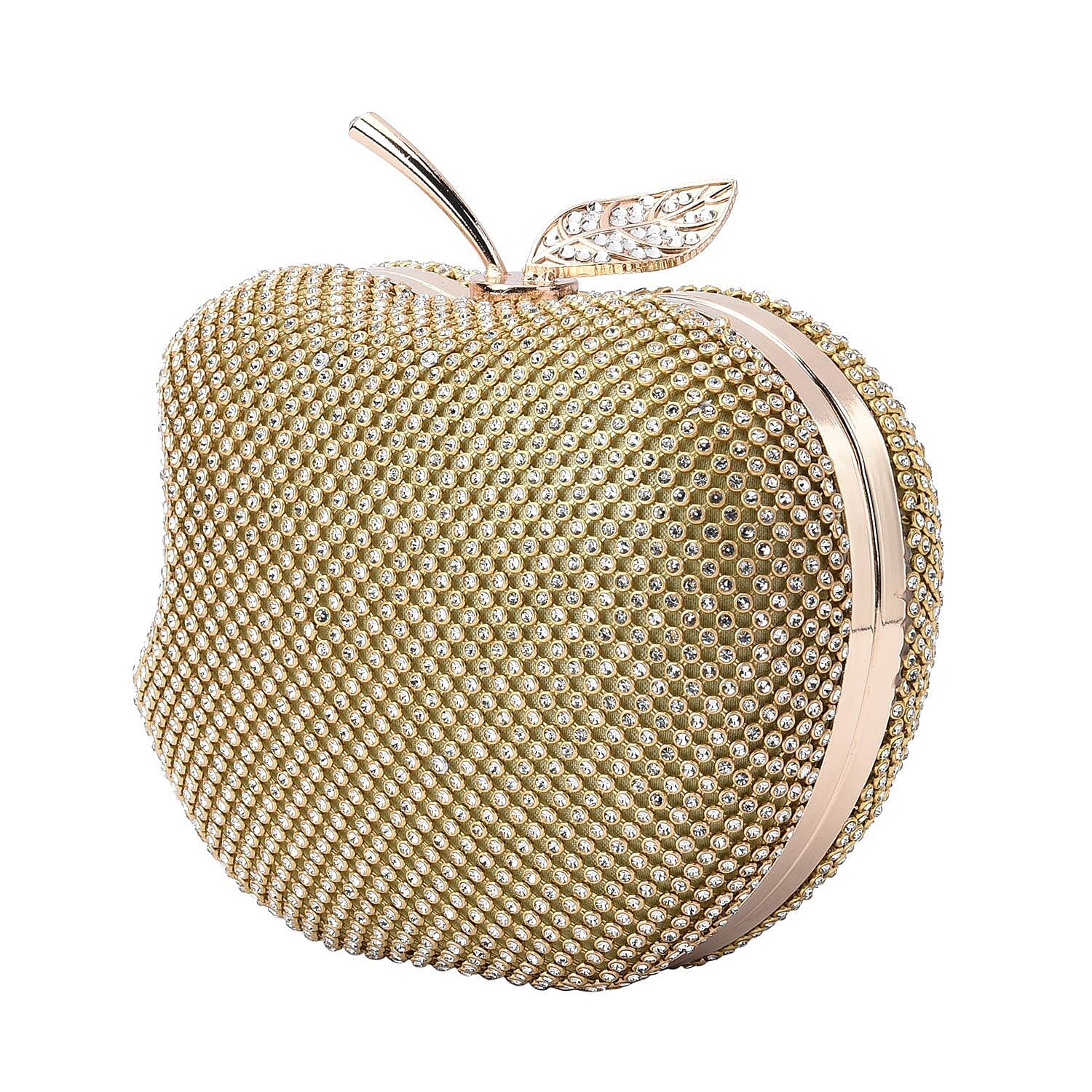 Back By Popular Demand - Apple Shape Crystal Clutch Bag with Long Chain Strap - Toggle Clip - Gold
