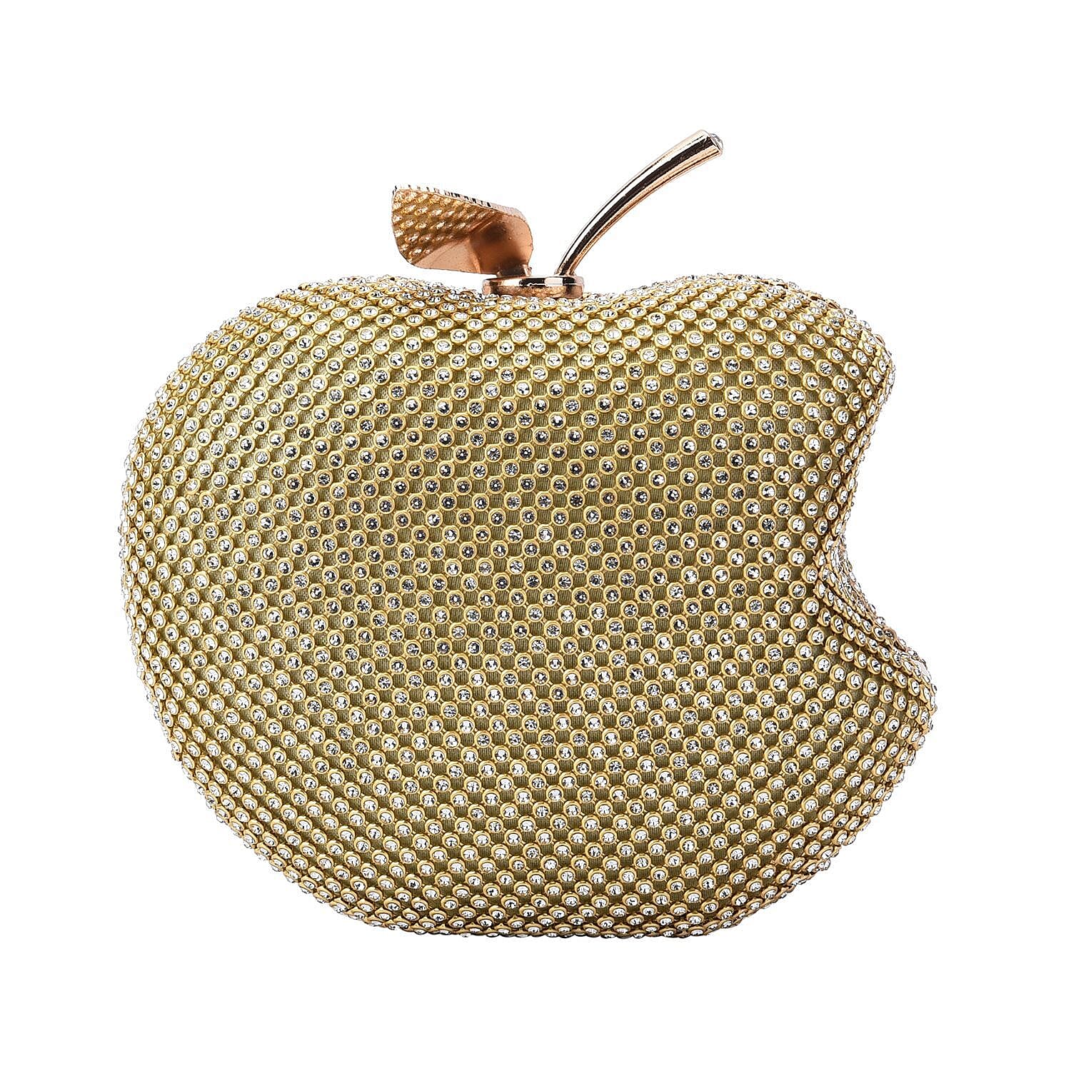 Back By Popular Demand - Apple Shape Crystal Clutch Bag with Long Chain Strap - Toggle Clip - Gold