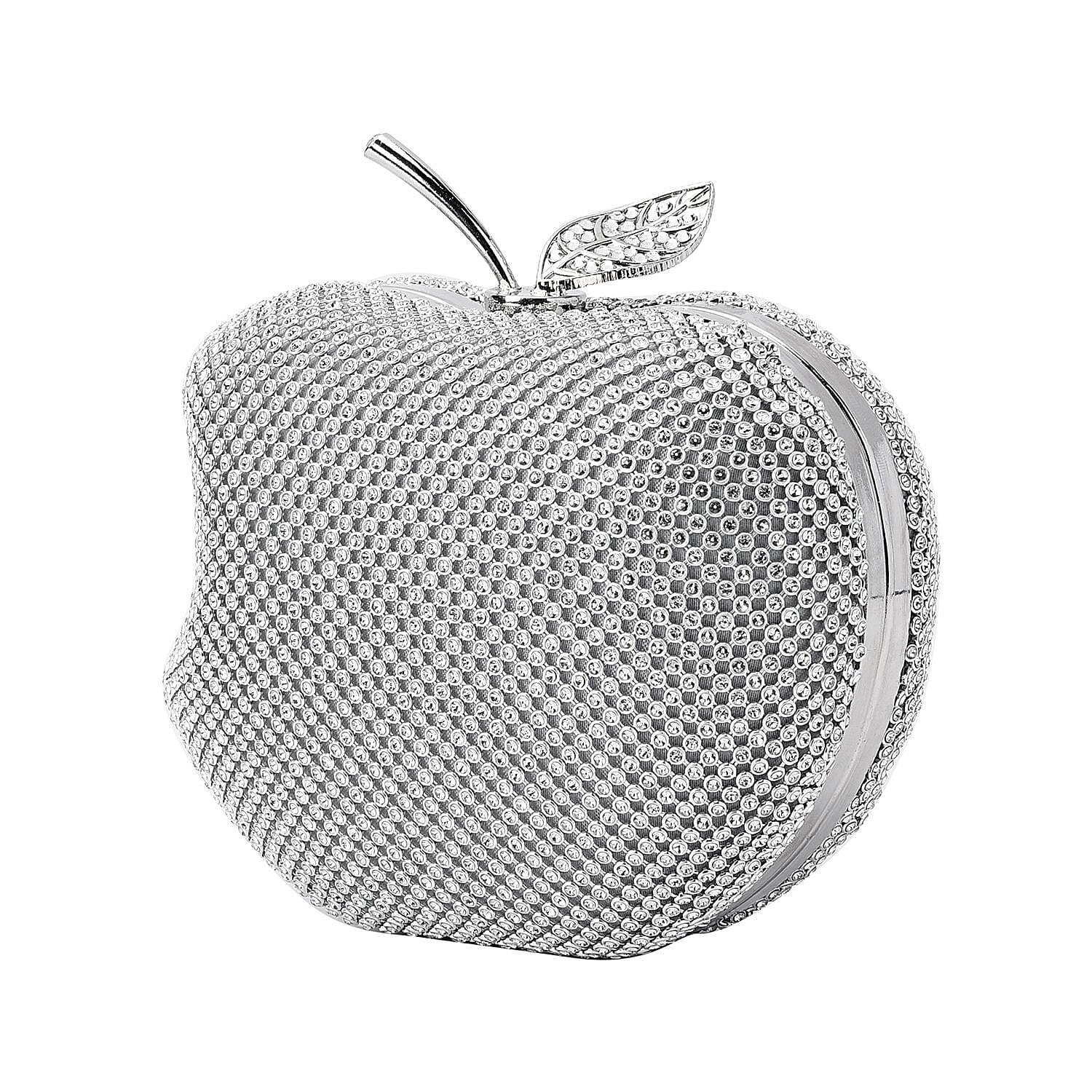 Back By Popular Demand - Apple Shape Crystal Clutch Bag with Long Chain Strap - Toggle Clip - Silver