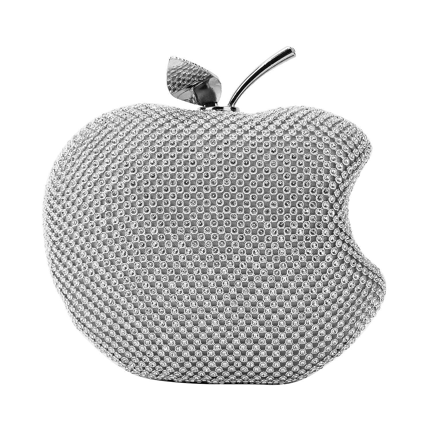 Back By Popular Demand - Apple Shape Crystal Clutch Bag with Long Chain Strap - Toggle Clip - Silver