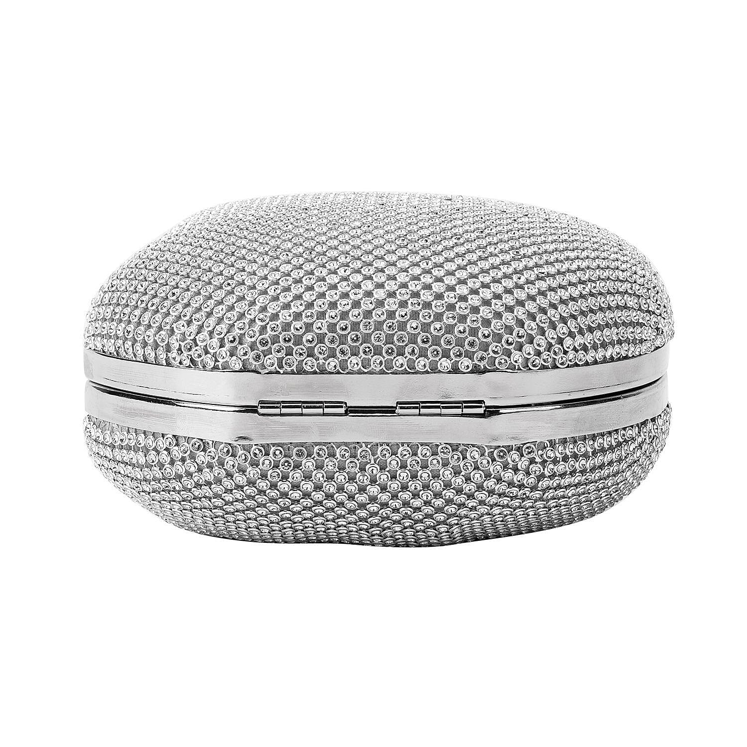 Back By Popular Demand - Apple Shape Crystal Clutch Bag with Long Chain Strap - Toggle Clip - Silver