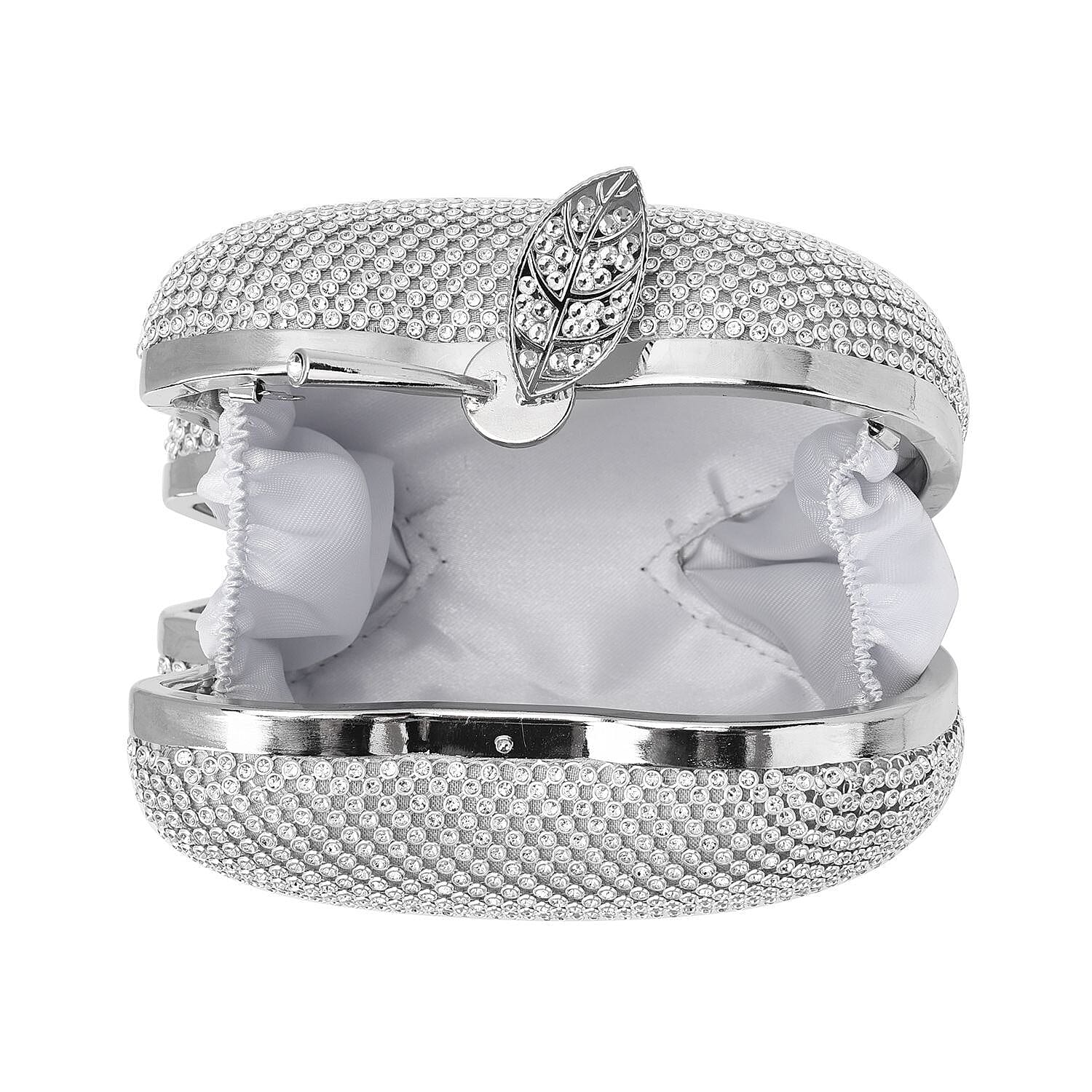 Back By Popular Demand - Apple Shape Crystal Clutch Bag with Long Chain Strap - Toggle Clip - Silver