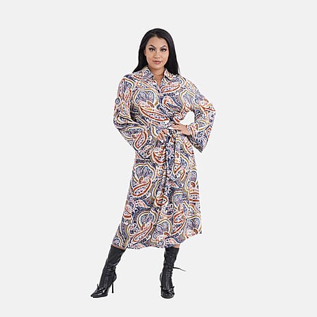 Tamsy 100% Viscose Woven Paisley Printed Midi Wrap Dress (Size L)- Blue - Red