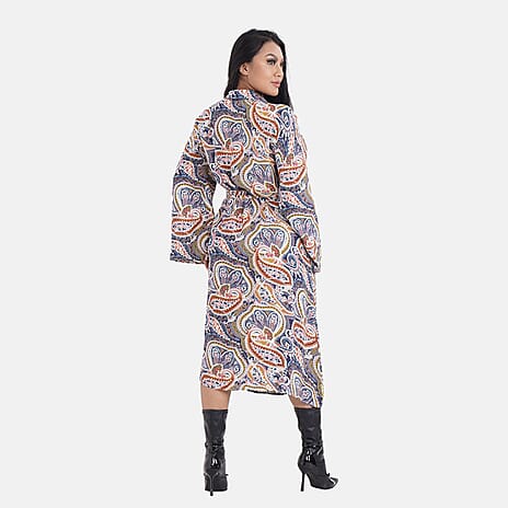 Tamsy 100% Viscose Woven Paisley Printed Midi Wrap Dress (Size L)- Blue - Red