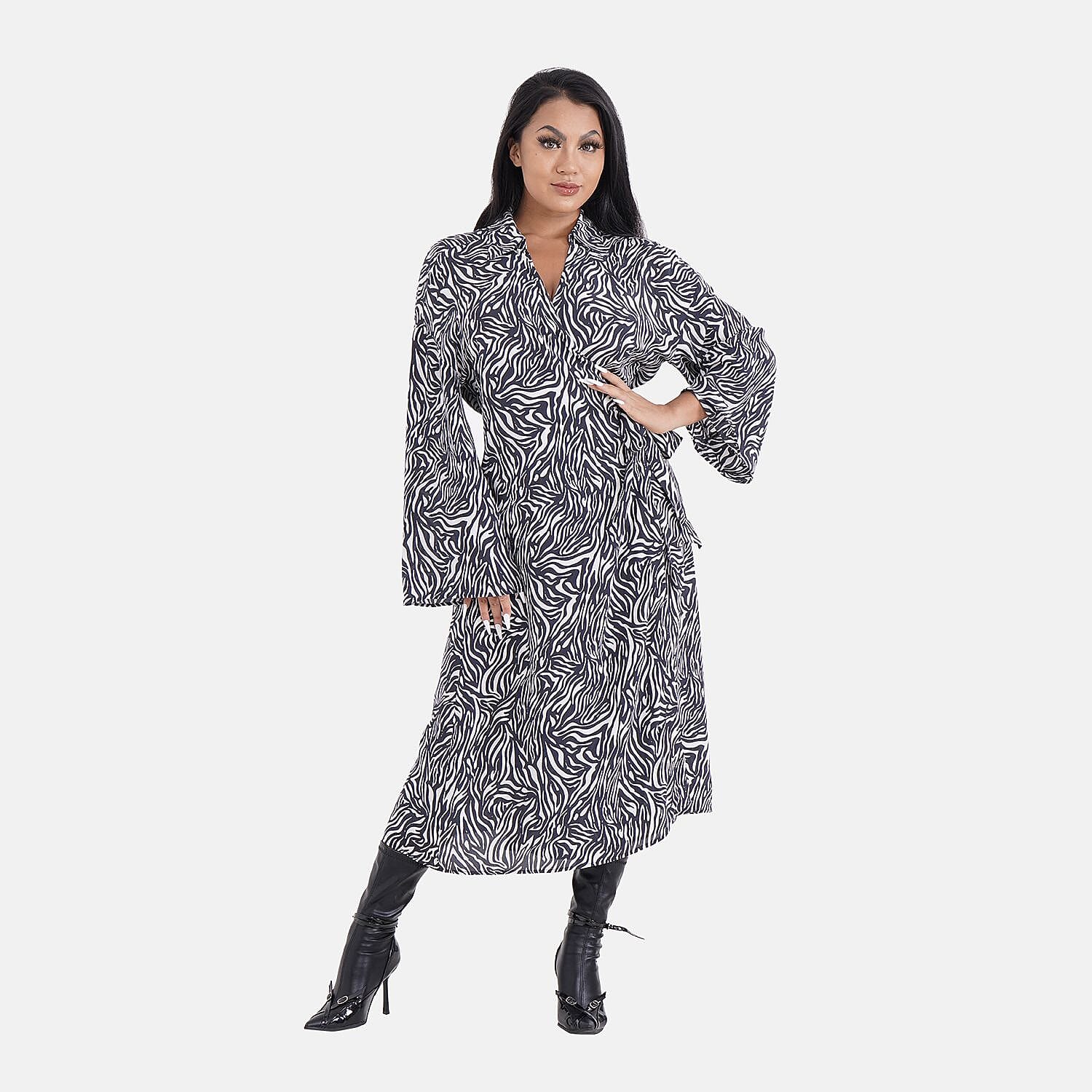 Tamsy 100% Viscose Woven Midi Wrap Dress (Size S)- Blue & Red