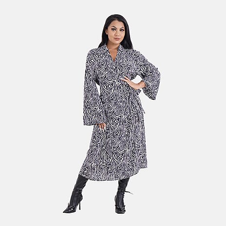 Tamsy 100% Viscose Woven Zebra Pattern Midi Wrap Dress (Size S)- Black - White
