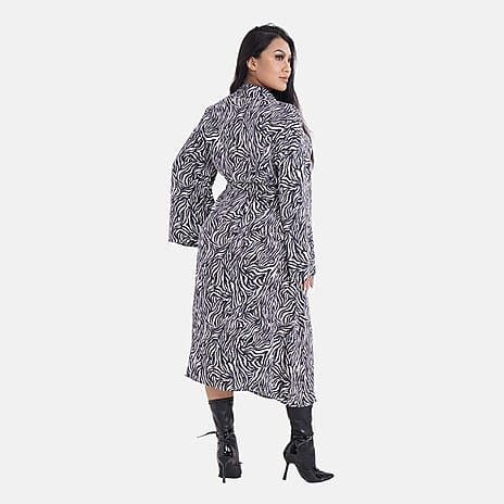 Tamsy 100% Viscose Woven Zebra Pattern Midi Wrap Dress (Size S)- Black - White