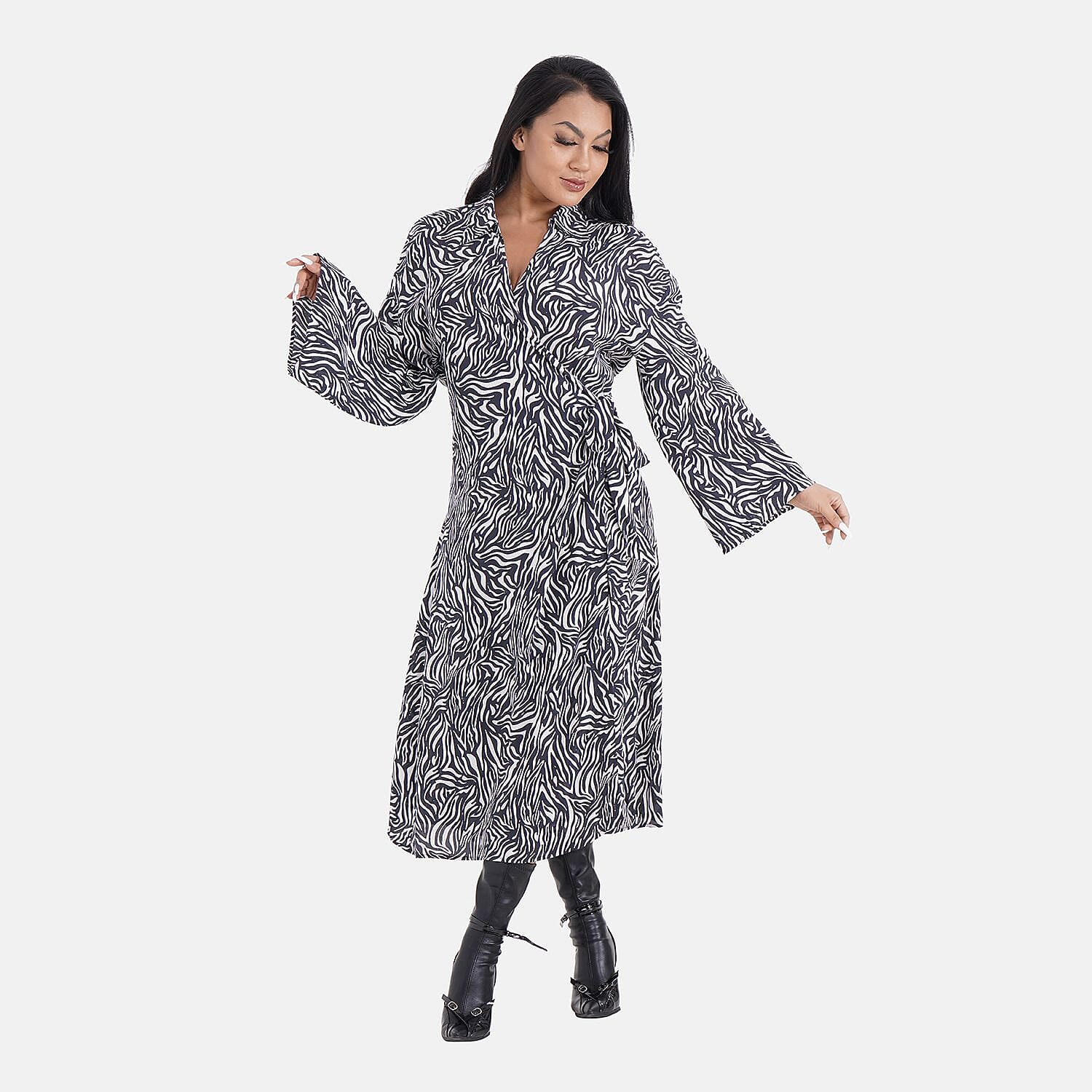 Tamsy 100% Viscose Woven Midi Wrap Dress (Size S)- Blue & Red