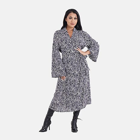 Tamsy 100% Viscose Woven Zebra Pattern Midi Wrap Dress (Size M)- Black - White