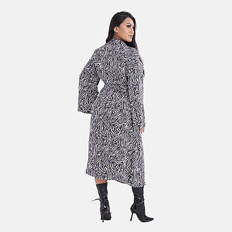 Tamsy 100% Viscose Woven Zebra Pattern Midi Wrap Dress (Size M)- Black - White
