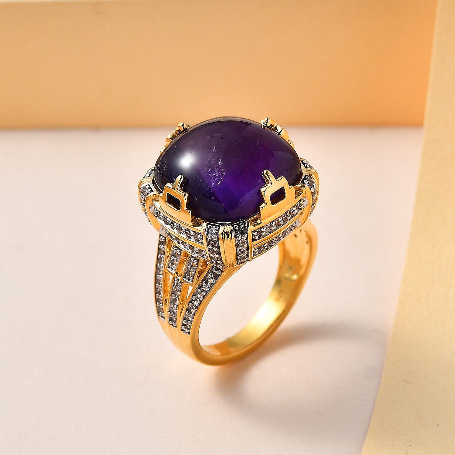 Exclusive Gems from India - Amethyst and Natural Zircon Crown Ring in 18K YG Vermeil Plated Sterling Silver 18.13 Ct, Silver Wt. 6.12 Gms
