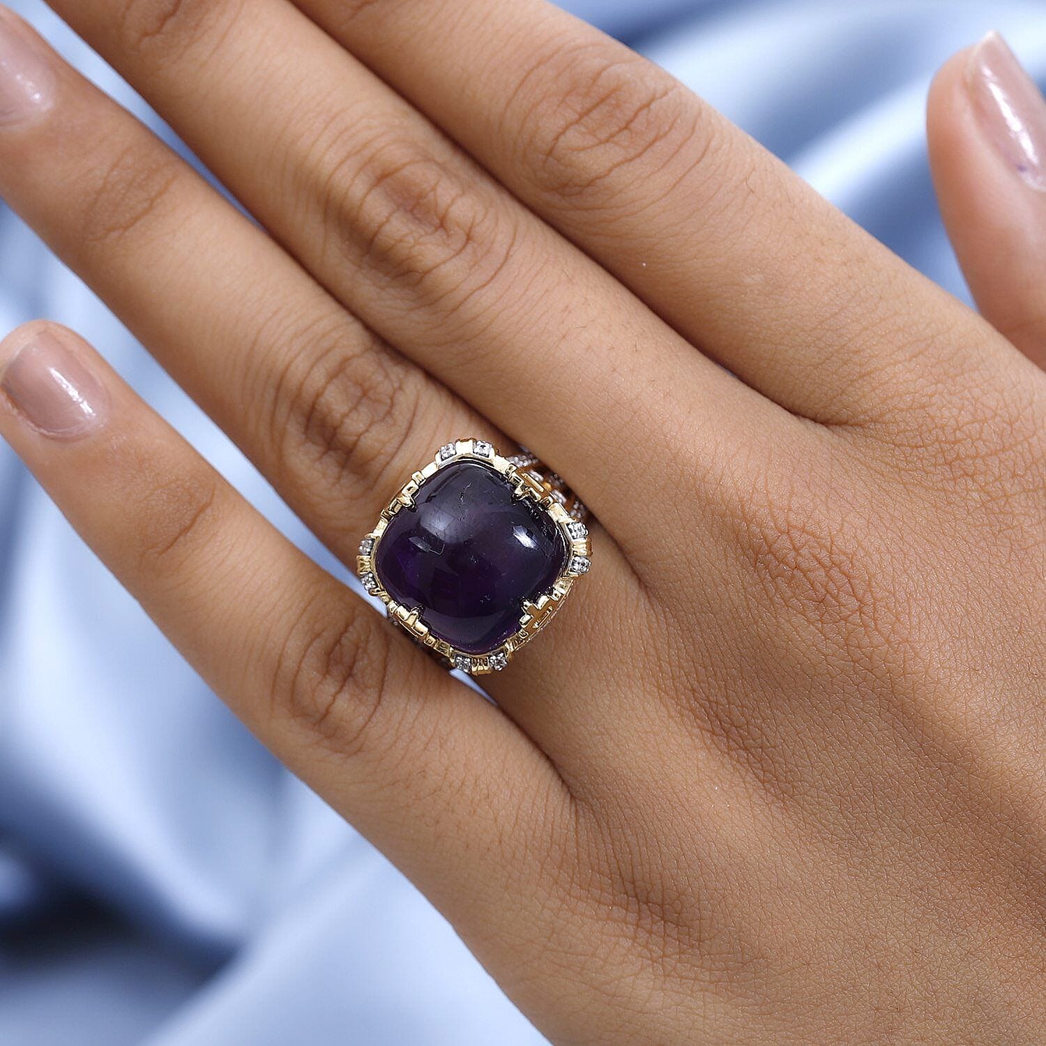 Exclusive Gems from India - Amethyst and Natural Zircon Crown Ring in 18K YG Vermeil Plated Sterling Silver 18.13 Ct, Silver Wt. 6.12 Gms