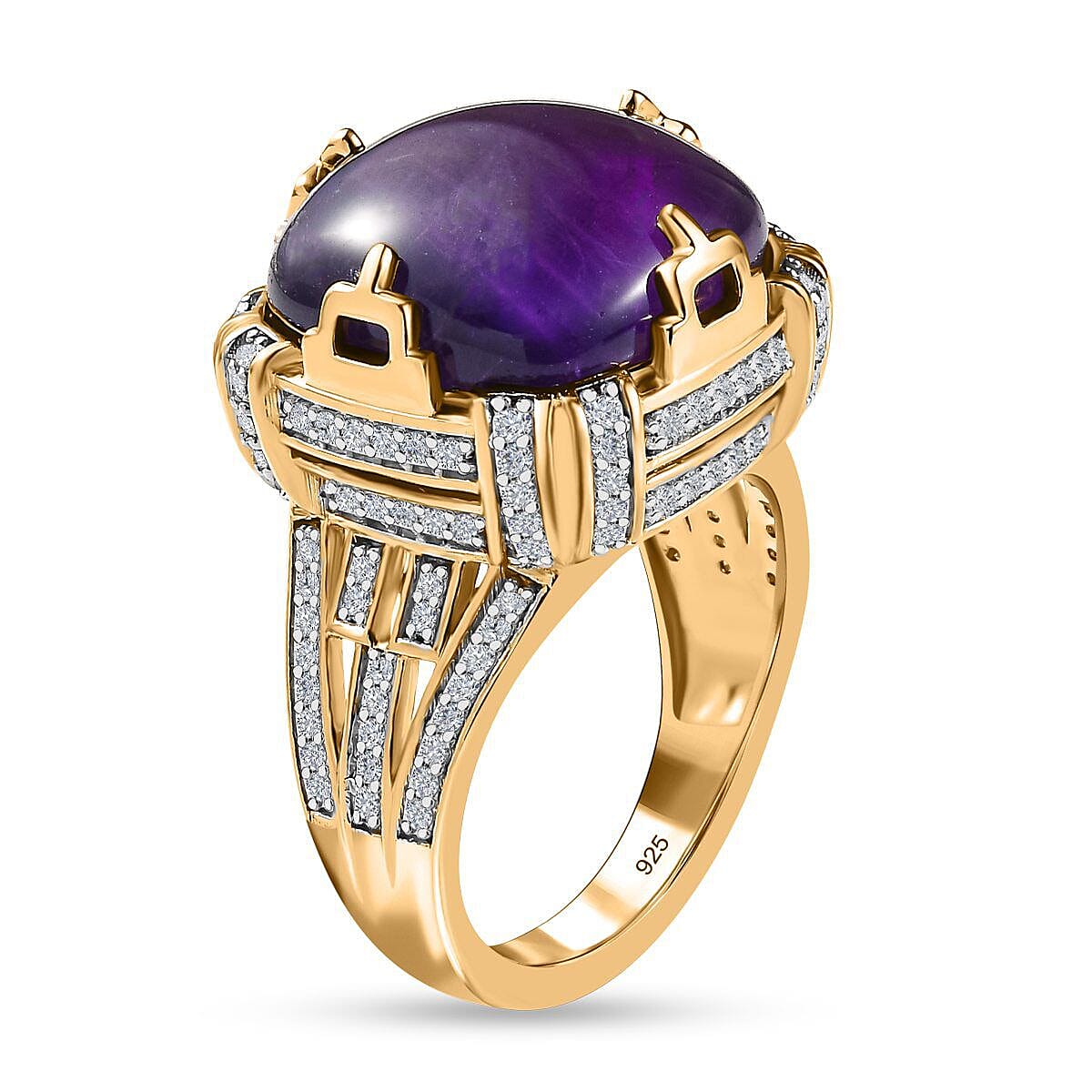 Exclusive Gems from India - Amethyst and Natural Zircon Crown Ring in 18K YG Vermeil Plated Sterling Silver 18.13 Ct, Silver Wt. 6.12 Gms
