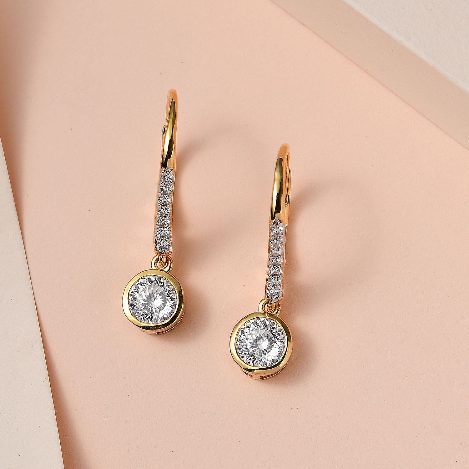 Moissanite Lever Back Earrings in 18K Vermeil Yellow Gold Plated Sterling Silver 1.80 Ct