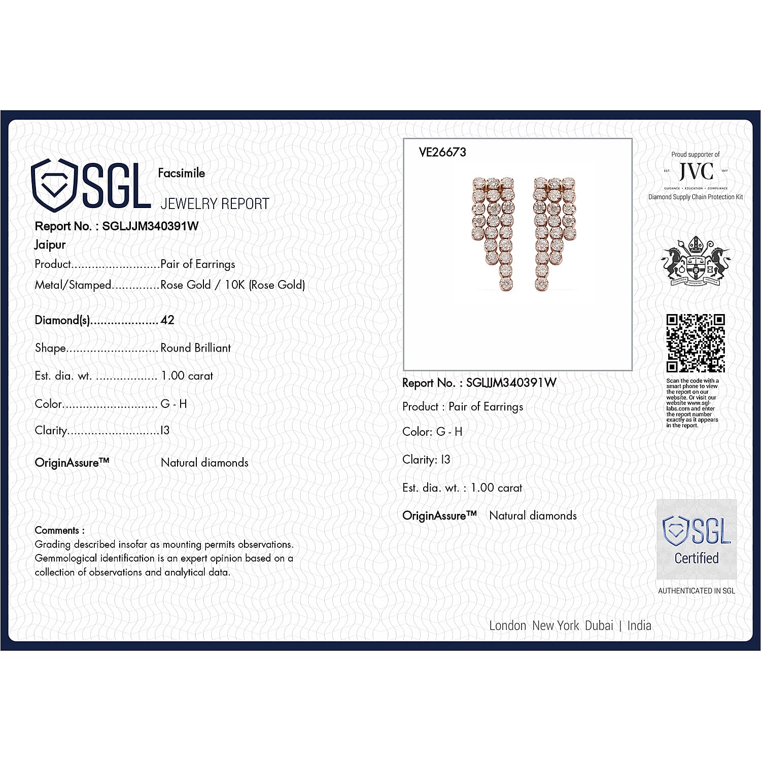 10K Rose Gold SGL Certified Diamond (G-H) Waterfall Earrings 1.00 Ct