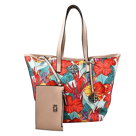 KTD by Kenzo Takada Leather and Cotton Canvas Floral Printed Tote Bag with Wristlet - Red and Blue