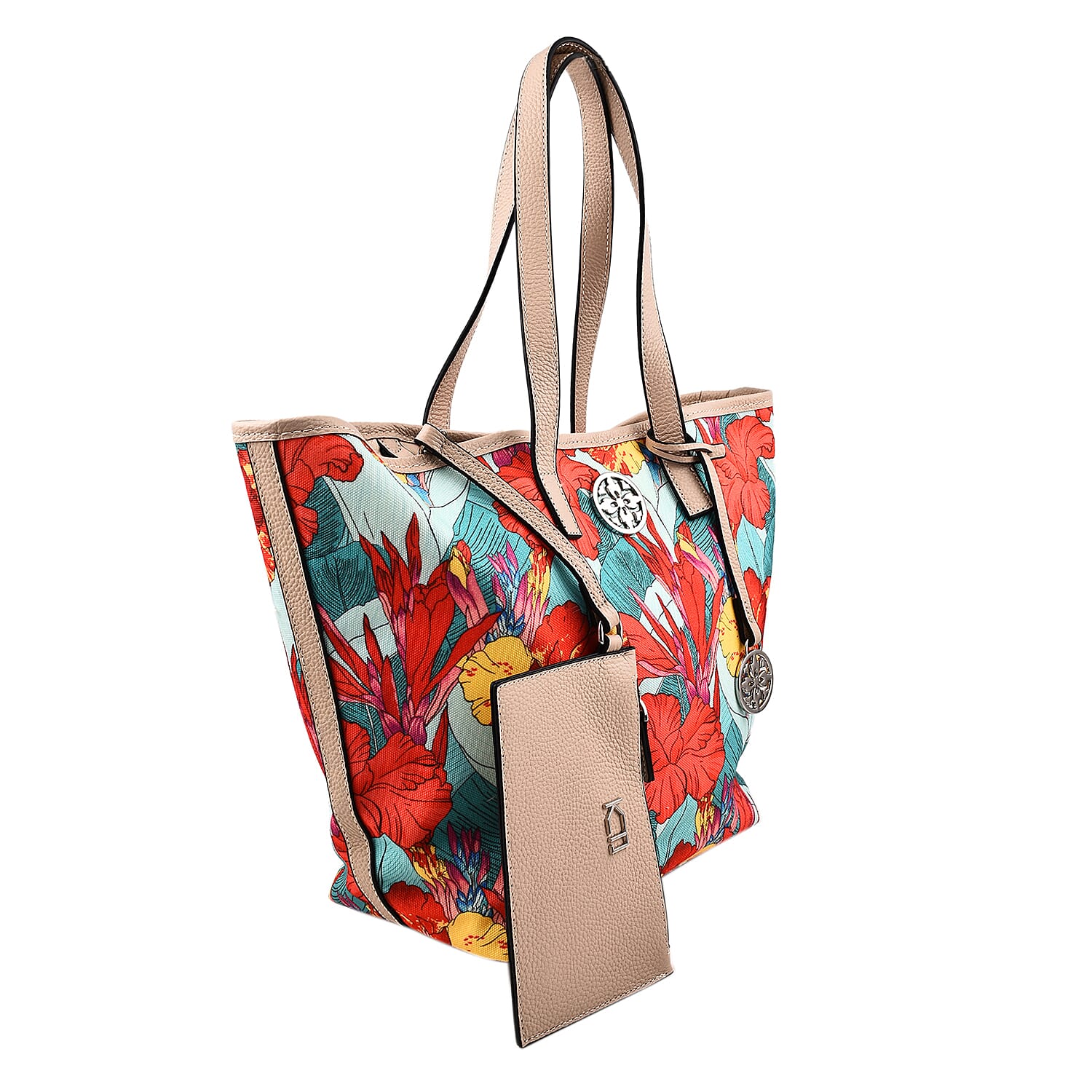 KTD by Kenzo Takada Leather and Cotton Canvas Floral Printed Tote Bag with Wristlet - Red and Blue