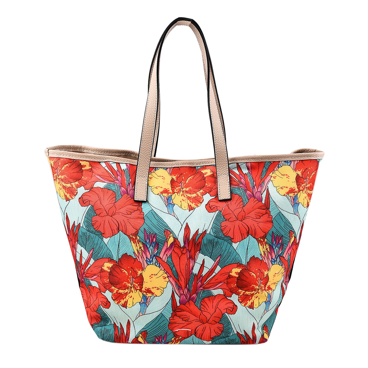 KTD by Kenzo Takada Leather and Cotton Canvas Floral Printed Tote Bag with Wristlet - Red and Blue
