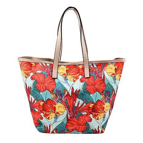 KTD by Kenzo Takada Leather and Cotton Canvas Floral Printed Tote Bag with Wristlet - Red and Blue
