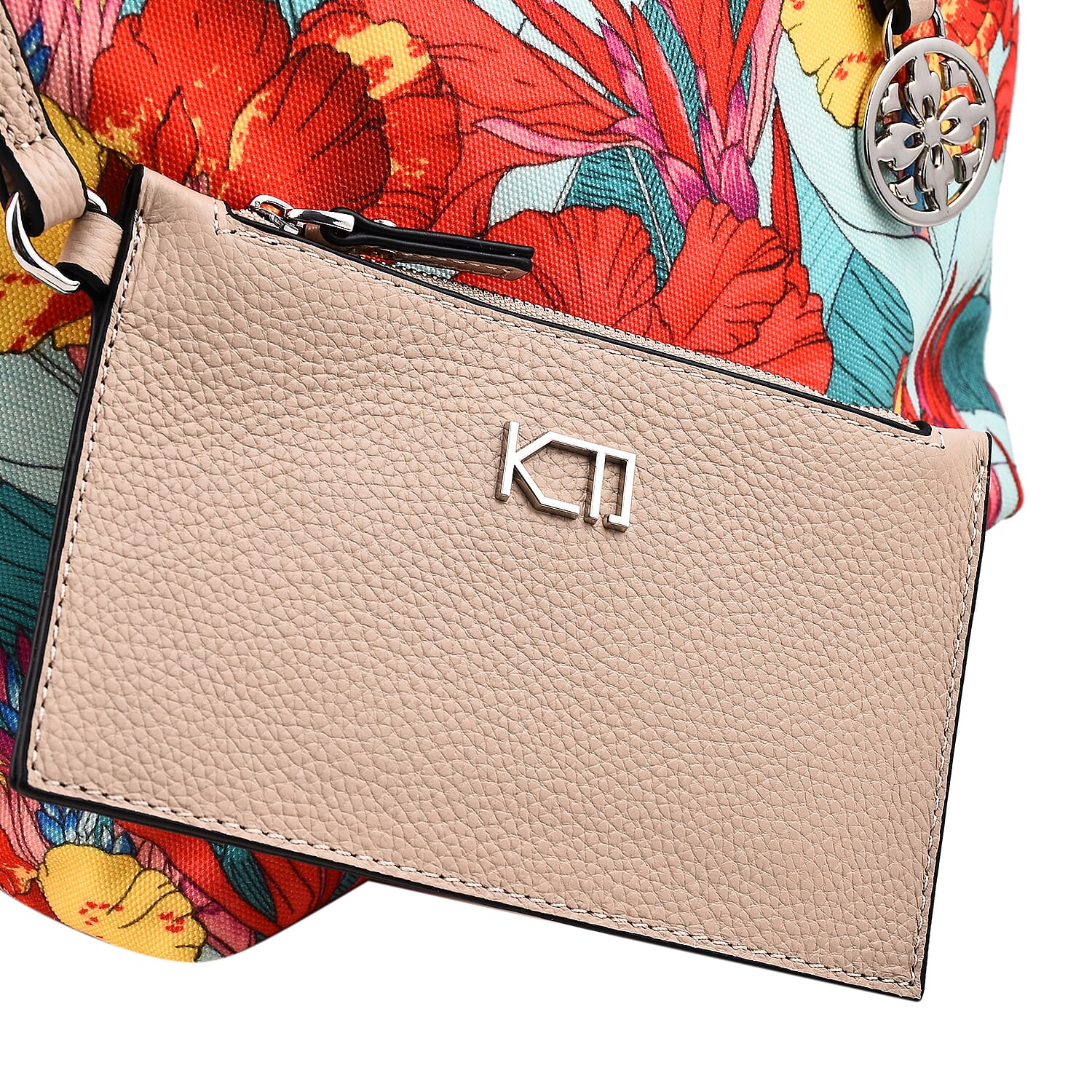 KTD by Kenzo Takada Leather and Cotton Canvas Floral Printed Tote Bag with Wristlet - Red and Blue